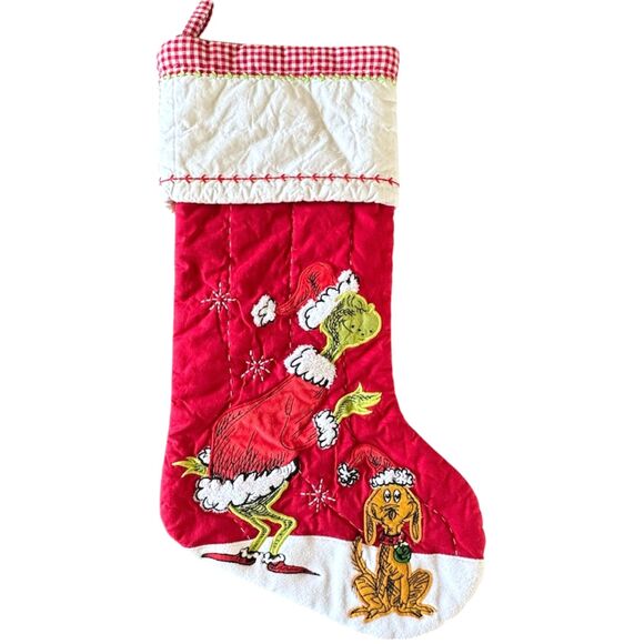 Pottery Barn Kids Quilted Red Gingham Grinch Christmas Stocking Holiday NWOT - Picture 1 of 7